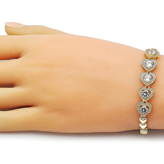 Oro Laminado Fancy Bracelet, Gold Filled Style Heart Design, with White Cubic Zirconia, Polished, Golden Finish