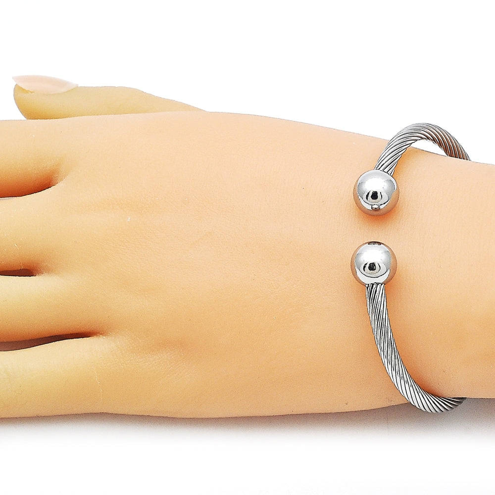 Stainless Steel Individual Bangle, Twist and Ball Design, Polished, Steel Finish
