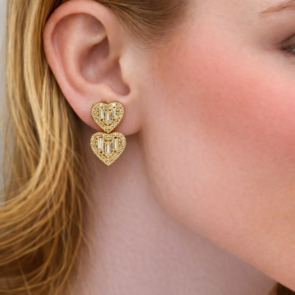 Oro Laminado Stud Earring, Gold Filled Style Heart and Baguette Design, with White Cubic Zirconia, Polished, Golden Finish