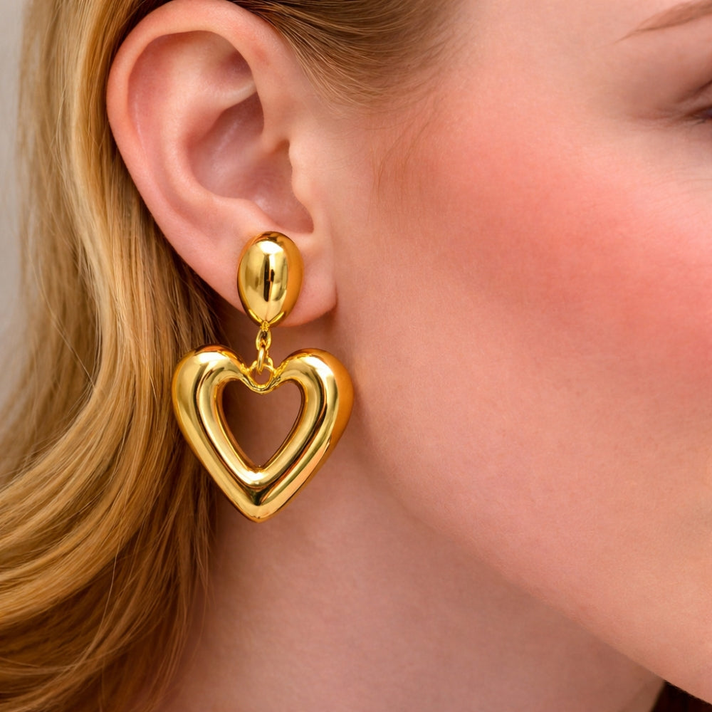 Oro Laminado Dangle Earring, Gold Filled Style Heart and Teardrop Design, Polished, Golden Finish