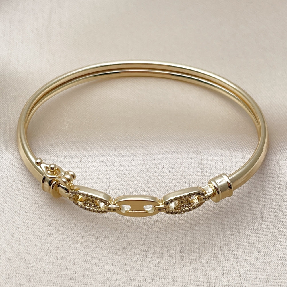 Oro Laminado Individual Bangle, Gold Filled Style Puff Mariner Design, with White Micro Pave, Polished, Golden Finish