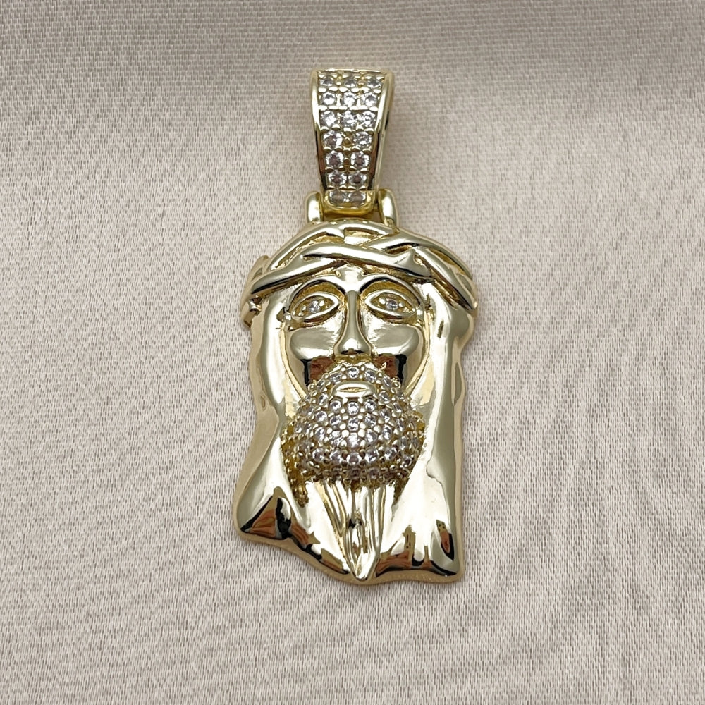 Oro Laminado Religious Pendant, Gold Filled Style Jesus Design, with White Micro Pave, Polished, Golden Finish