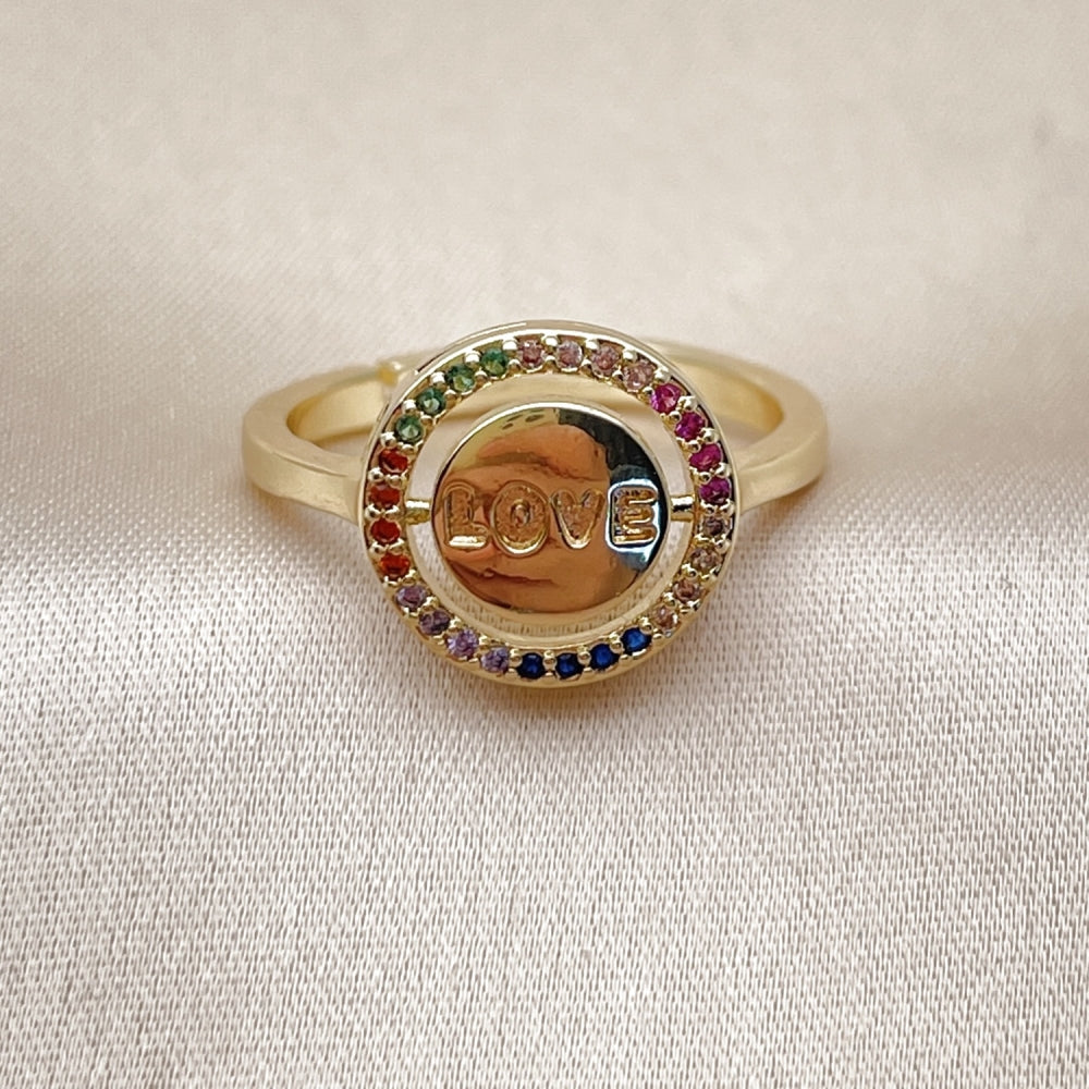 Oro Laminado Multi Stone Ring, Gold Filled Style Love Design, with Multicolor Micro Pave, Polished, Golden Finish