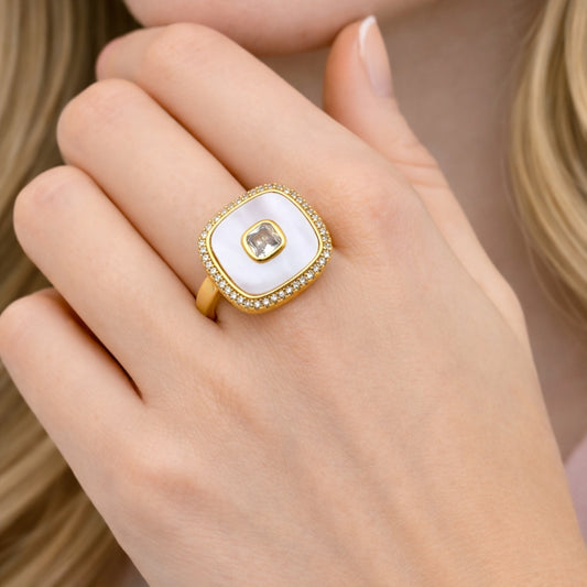 Oro Laminado Multi Stone Ring, Gold Filled Style Cluster Design, with Ivory Mother of Pearl and White Cubic Zirconia, Polished, Golden Finish