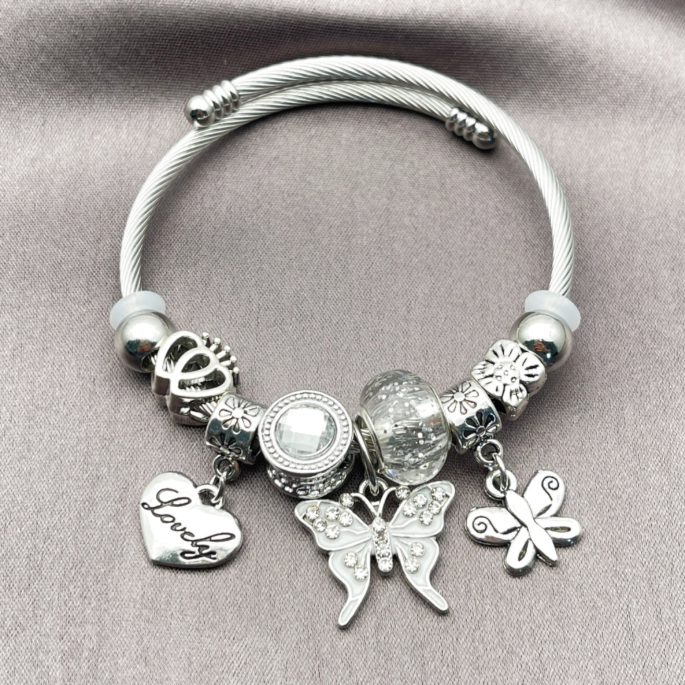 Stainless Steel Individual Bangle, Butterfly and Heart Design, with White Crystal, White Enamel Finish, Steel Finish