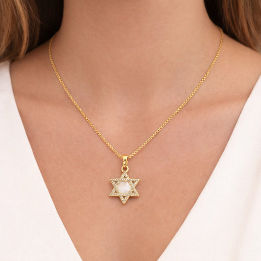 Oro Laminado Religious Pendant, Gold Filled Style Star of David Design, with White Micro Pave and Ivory Mother of Pearl, Polished, Golden Finish