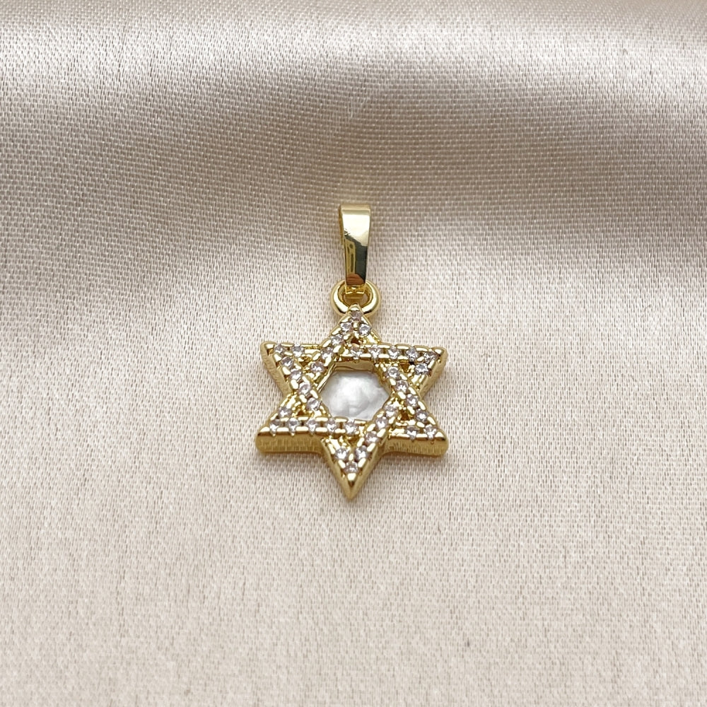 Oro Laminado Religious Pendant, Gold Filled Style Star of David Design, with White Micro Pave and Ivory Mother of Pearl, Polished, Golden Finish