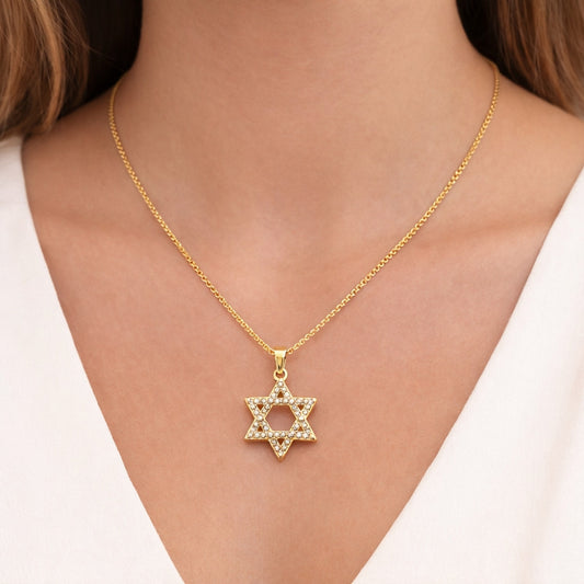 Oro Laminado Religious Pendant, Gold Filled Style Star of David Design, with White Cubic Zirconia, Polished, Golden Finish