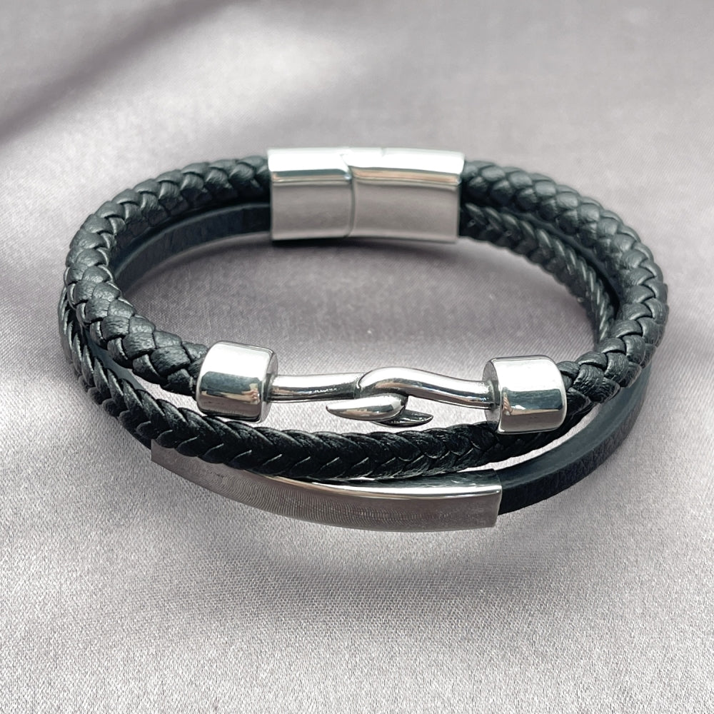 Stainless Steel Fancy Bracelet, Black Leather Finish, Steel Finish