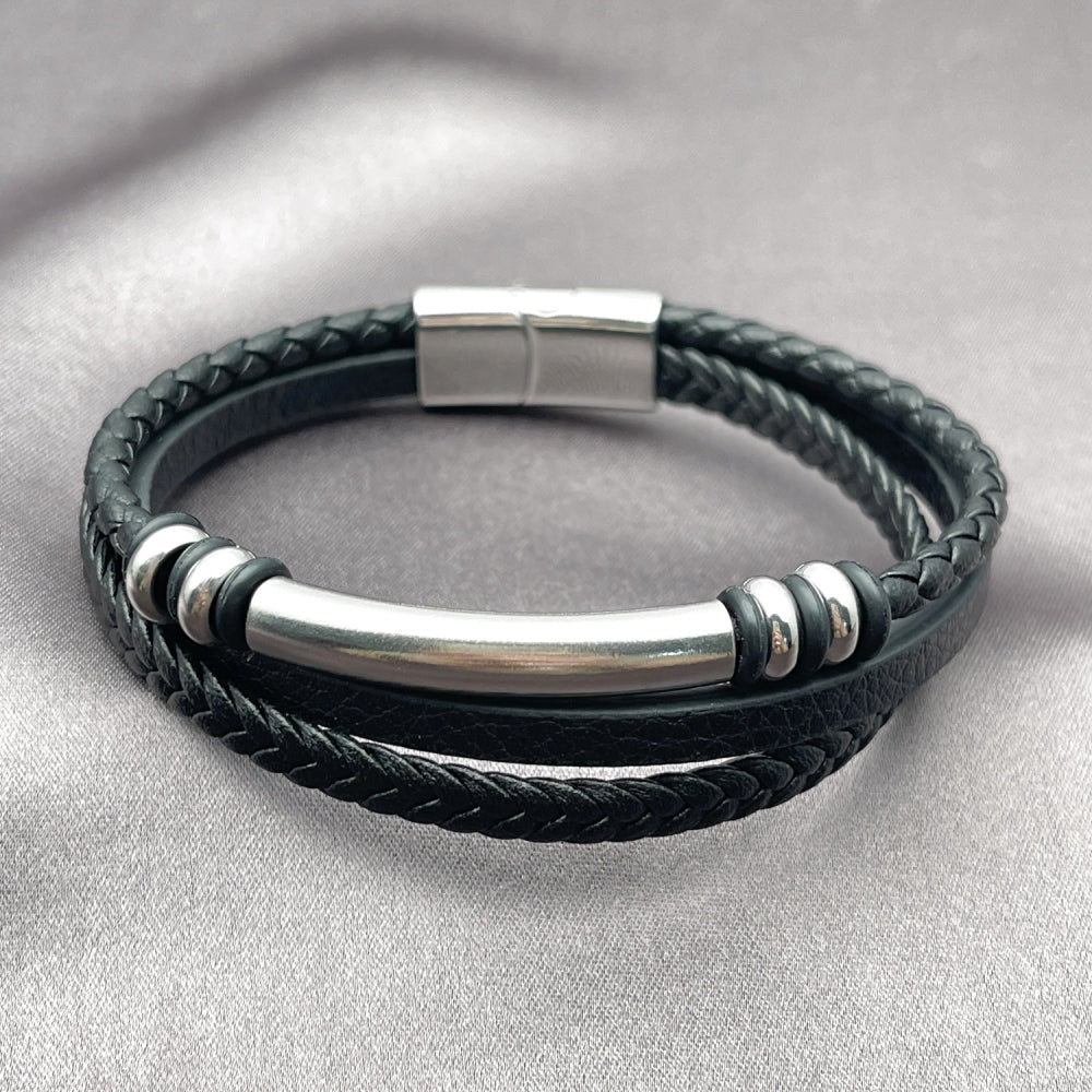 Stainless Steel Fancy Bracelet, Black Leather Finish, Steel Finish