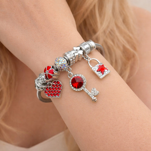 Stainless Steel Individual Bangle, key and Lock Design, with Aurore Boreale and Crystal Crystal, Red Enamel Finish, Steel Finish