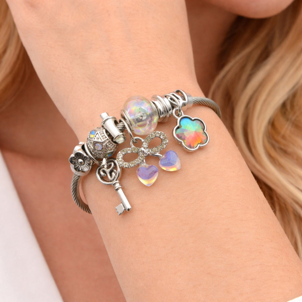 Stainless Steel Individual Bangle, Cherry and Bow Design, with Aurore Boreale and Crystal Crystal, Polished, Steel Finish
