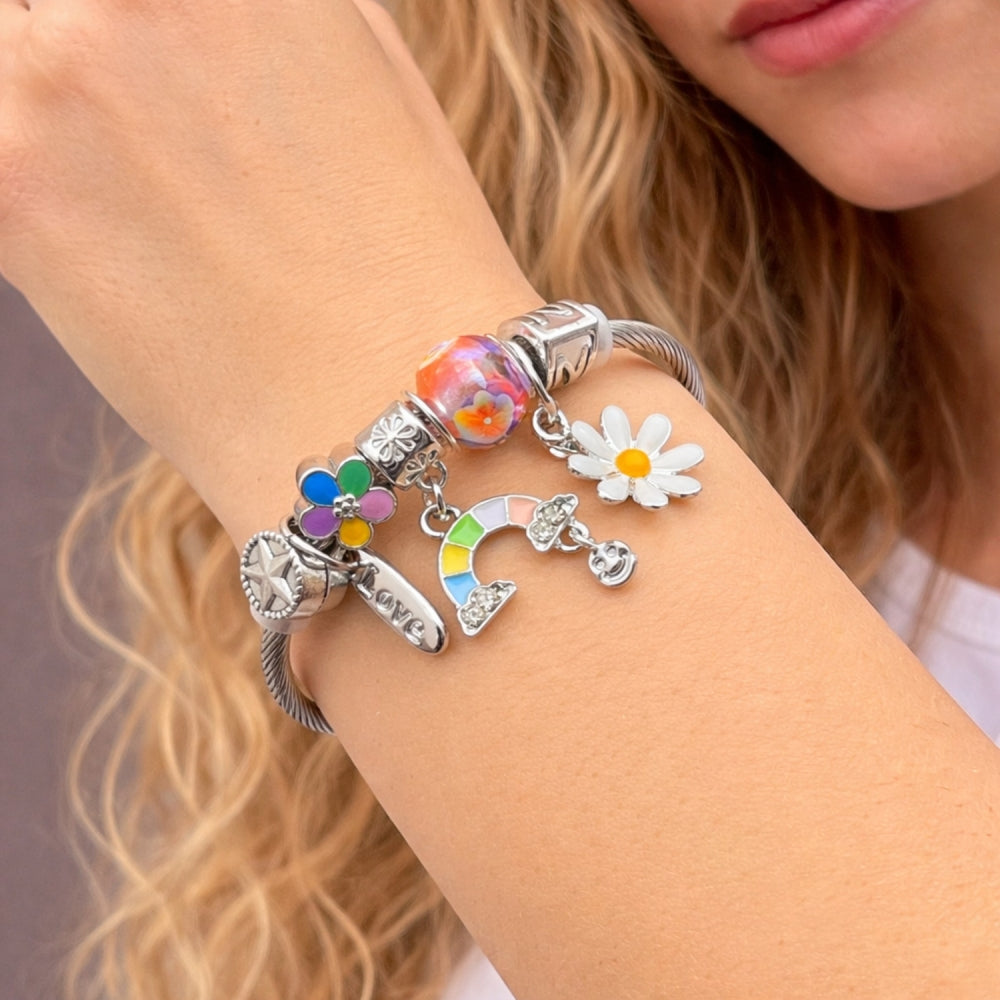 Stainless Steel Individual Bangle, Flower and Horseshoe Design, with Crystal Crystal, Multicolor Enamel Finish, Steel Finish