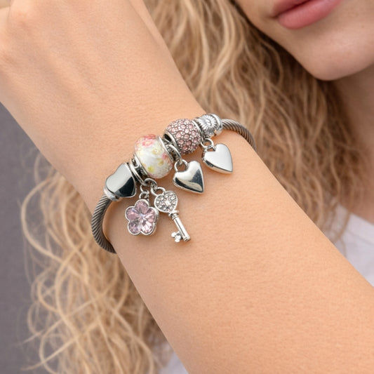 Stainless Steel Individual Bangle, Greek Key and Flower Design, with Light Rose and Crystal Crystal, Polished, Steel Finish