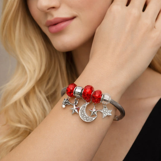 Stainless Steel Individual Bangle, Moon and Star Design, with Siam and Crystal Crystal, Polished, Steel Finish