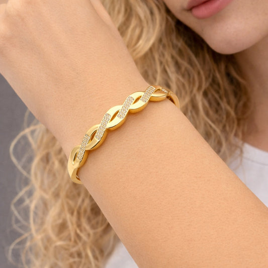 Oro Laminado Individual Bangle, Gold Filled Style Twist Design, with White Cubic Zirconia, Polished, Golden Finish