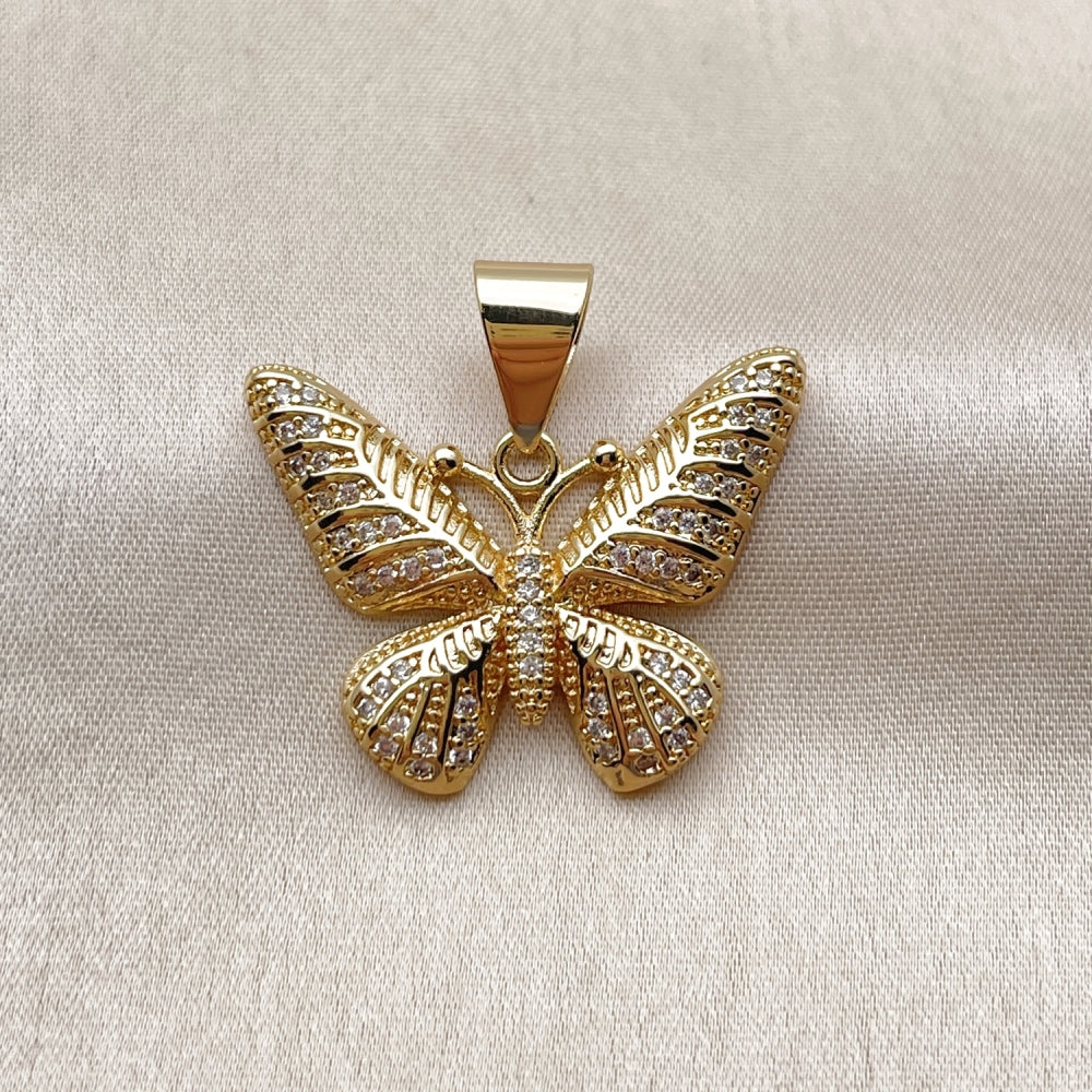 Oro Laminado Fancy Pendant, Gold Filled Style Butterfly Design, with White Micro Pave, Polished, Golden Finish