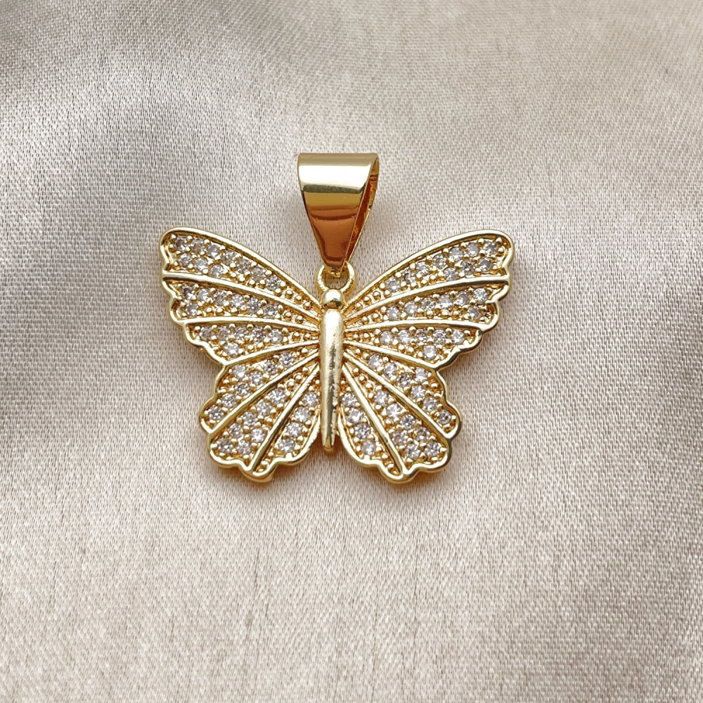Oro Laminado Fancy Pendant, Gold Filled Style Butterfly Design, with White Cubic Zirconia, Polished, Golden Finish