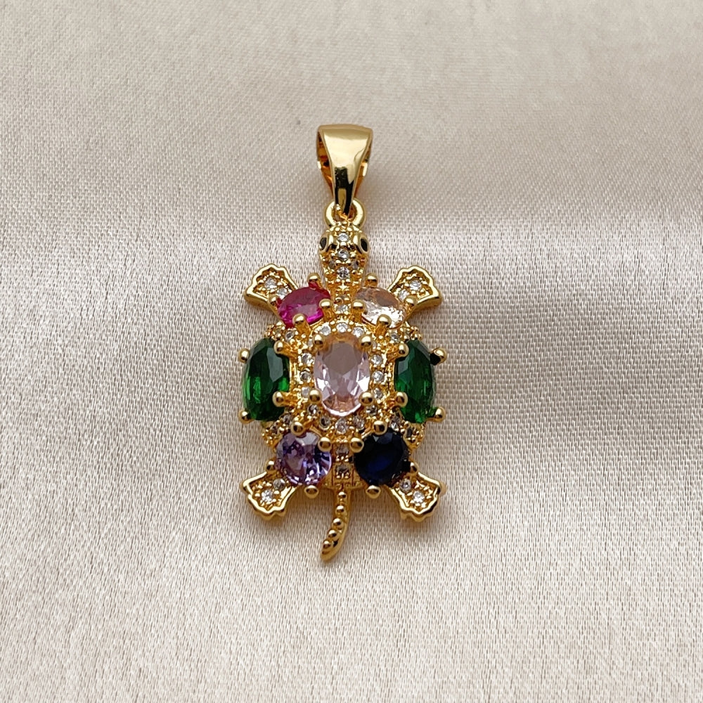Oro Laminado Fancy Pendant, Gold Filled Style Turtle Design, with Multicolor Cubic Zirconia and White Micro Pave, Polished, Golden Finish