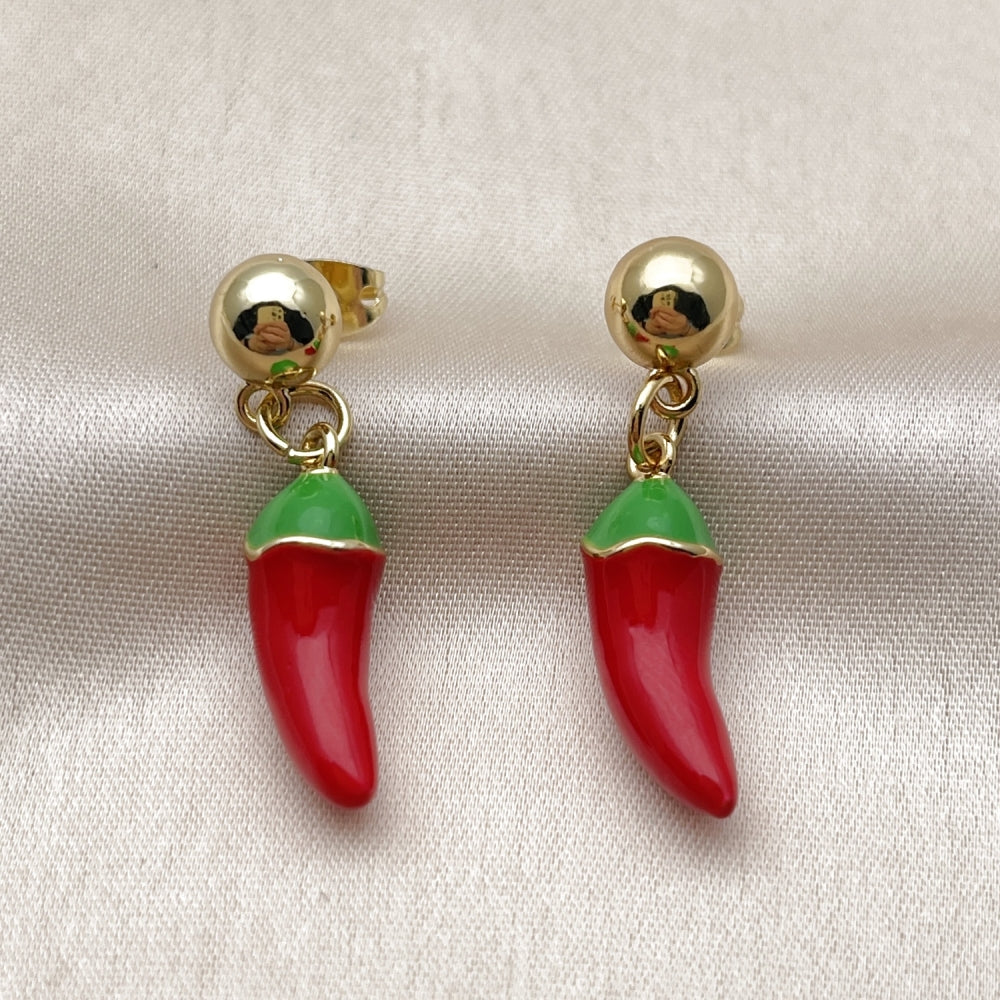 Oro Laminado Dangle Earring, Gold Filled Style Chili Design, Red Enamel Finish, Golden Finish