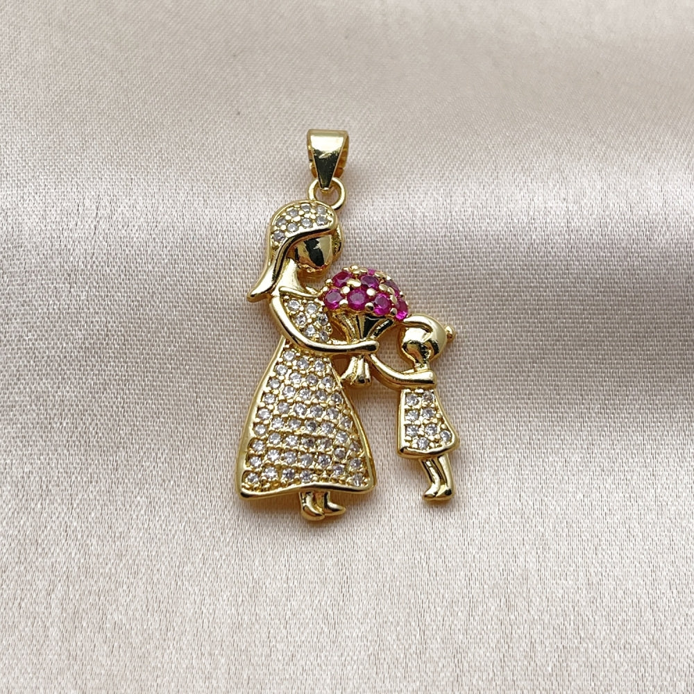 Oro Laminado Fancy Pendant, Gold Filled Style Flower and Little Girl Design, with Ruby Cubic Zirconia and White Micro Pave, Polished, Golden Finish
