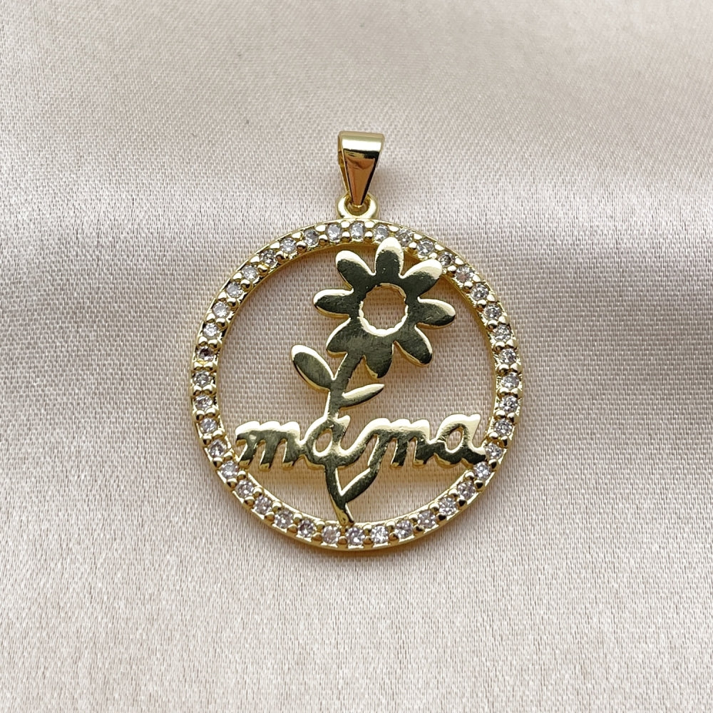 Oro Laminado Fancy Pendant, Gold Filled Style Mom and Flower Design, with White Cubic Zirconia, Polished, Golden Finish