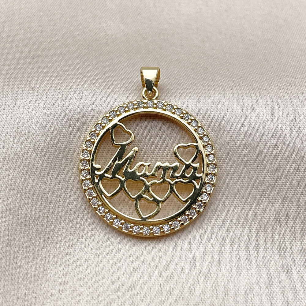 Oro Laminado Fancy Pendant, Gold Filled Style Mom and Heart Design, with White Cubic Zirconia, Polished, Golden Finish