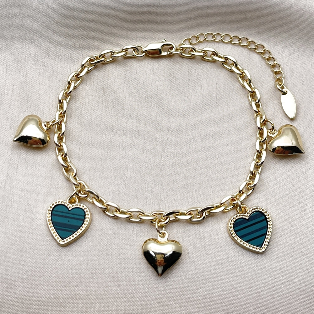 Oro Laminado Fancy Bracelet, Gold Filled Style Heart and Rolo Design, with Light Turquoise Mother of Pearl, Polished, Golden Finish