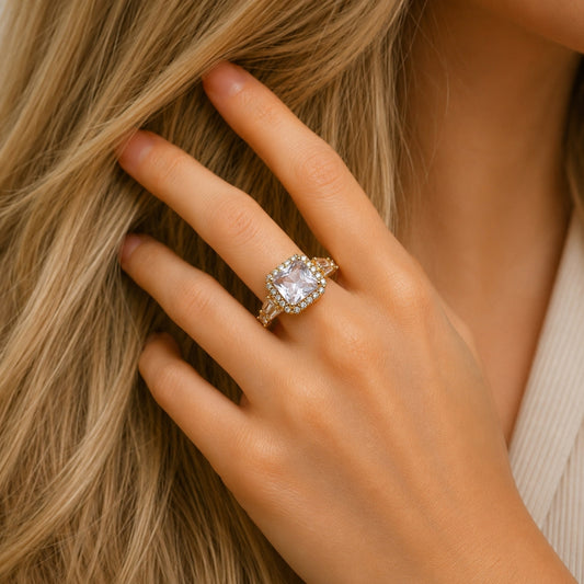 Oro Laminado Multi Stone Ring, Gold Filled Style Cluster and Baguette Design, with White Cubic Zirconia and White Micro Pave, Polished, Golden Finish