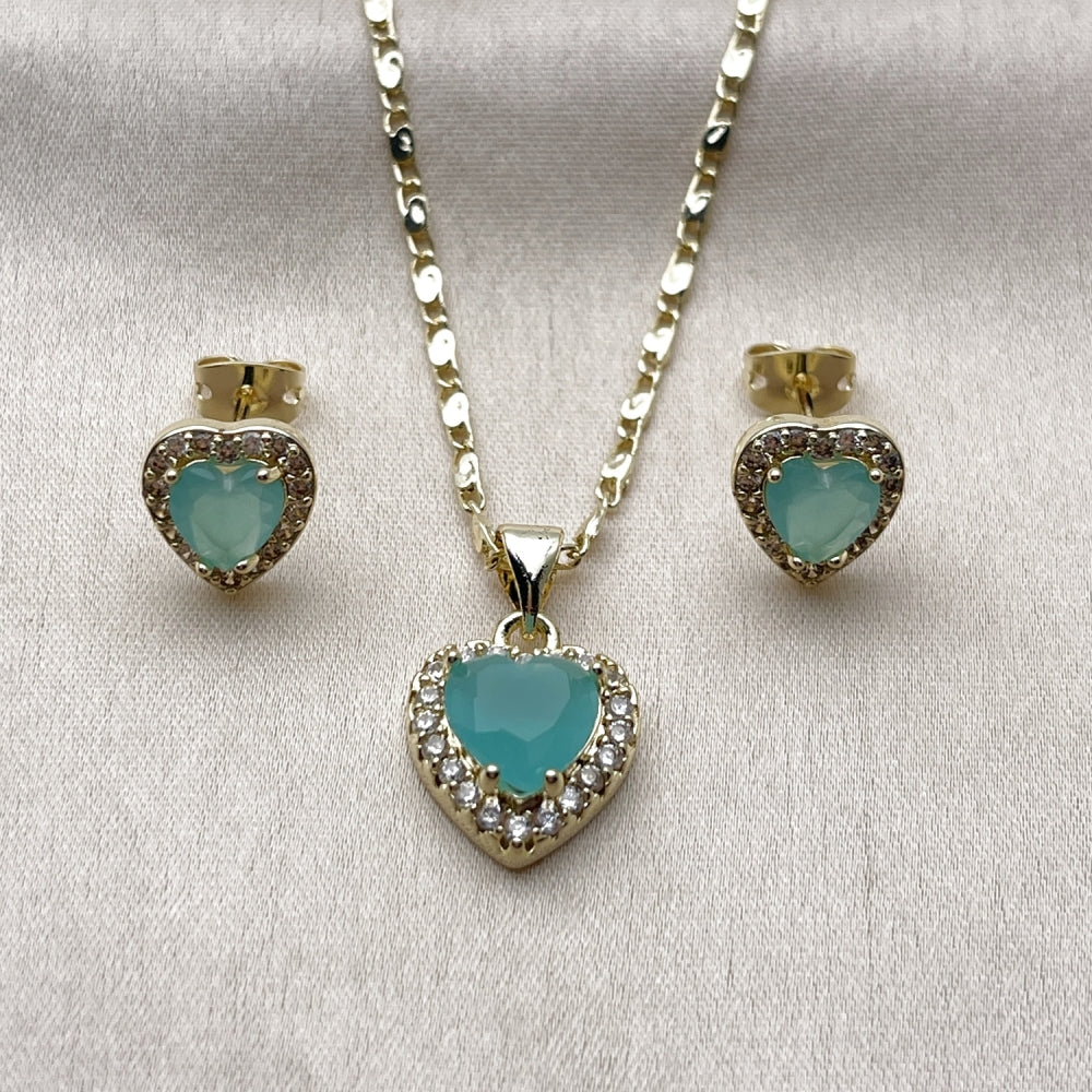 Oro Laminado Earring and Pendant Adult Set, Gold Filled Style Heart and Cluster Design, with Light Turquoise and White Cubic Zirconia, Polished, Golden Finish