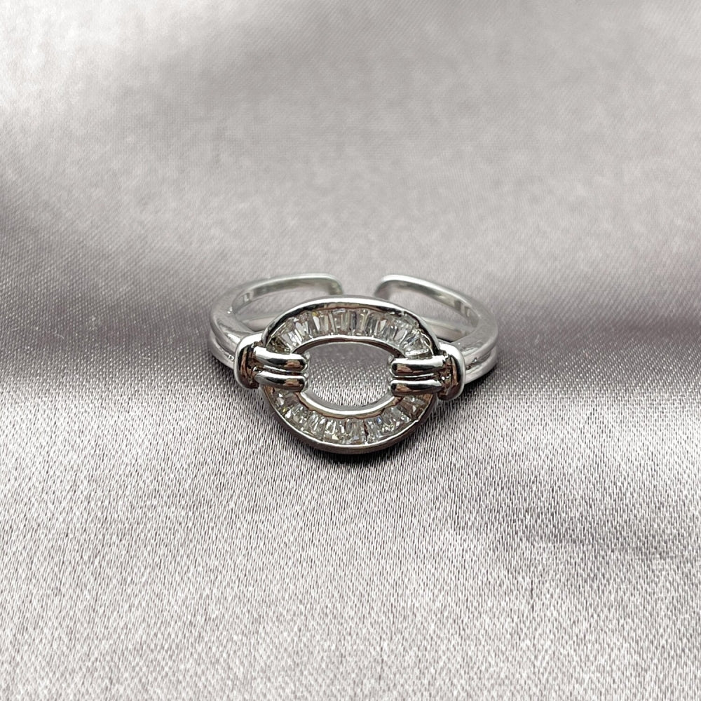 White Gold Filled Multi Stone Ring, Baguette and Horseshoe Design, with White Cubic Zirconia, Polished, Rhodium Finish