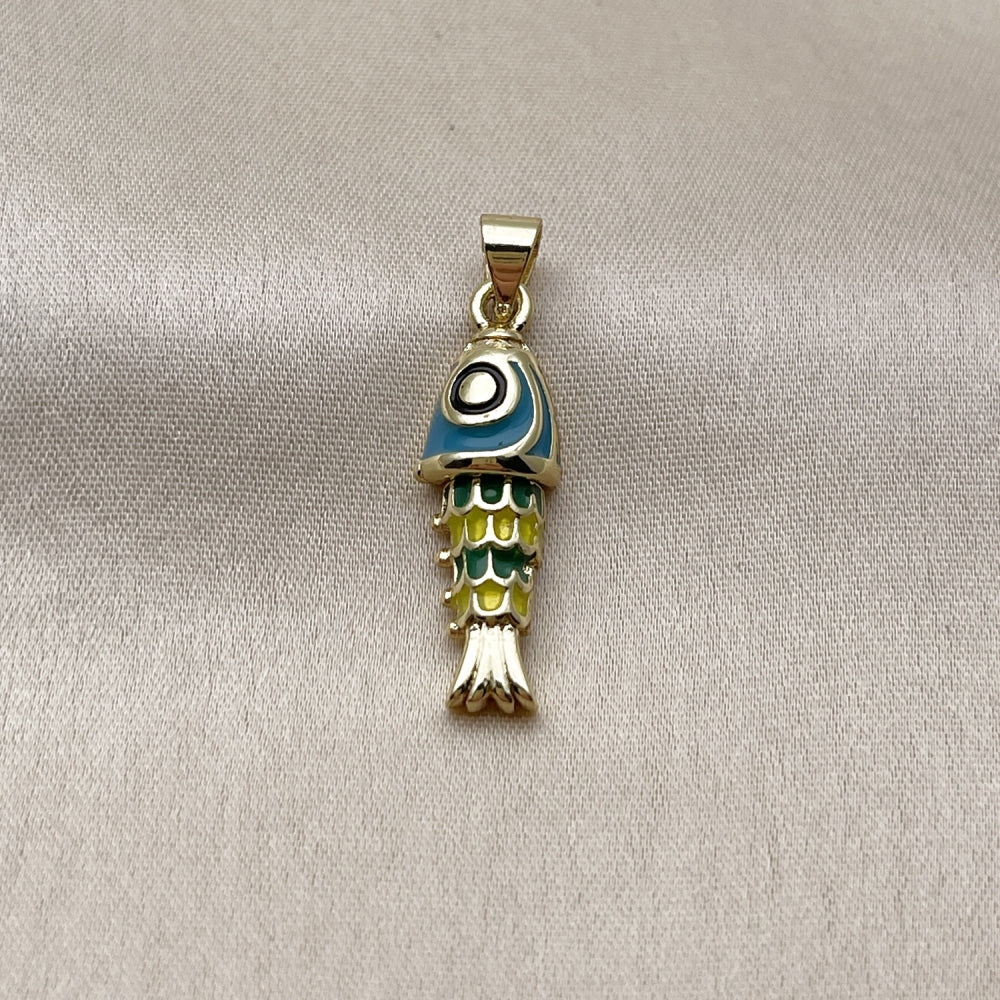 Oro Laminado Fancy Pendant, Gold Filled Style Fish Design, Turquoise Enamel Finish, Golden Finish
