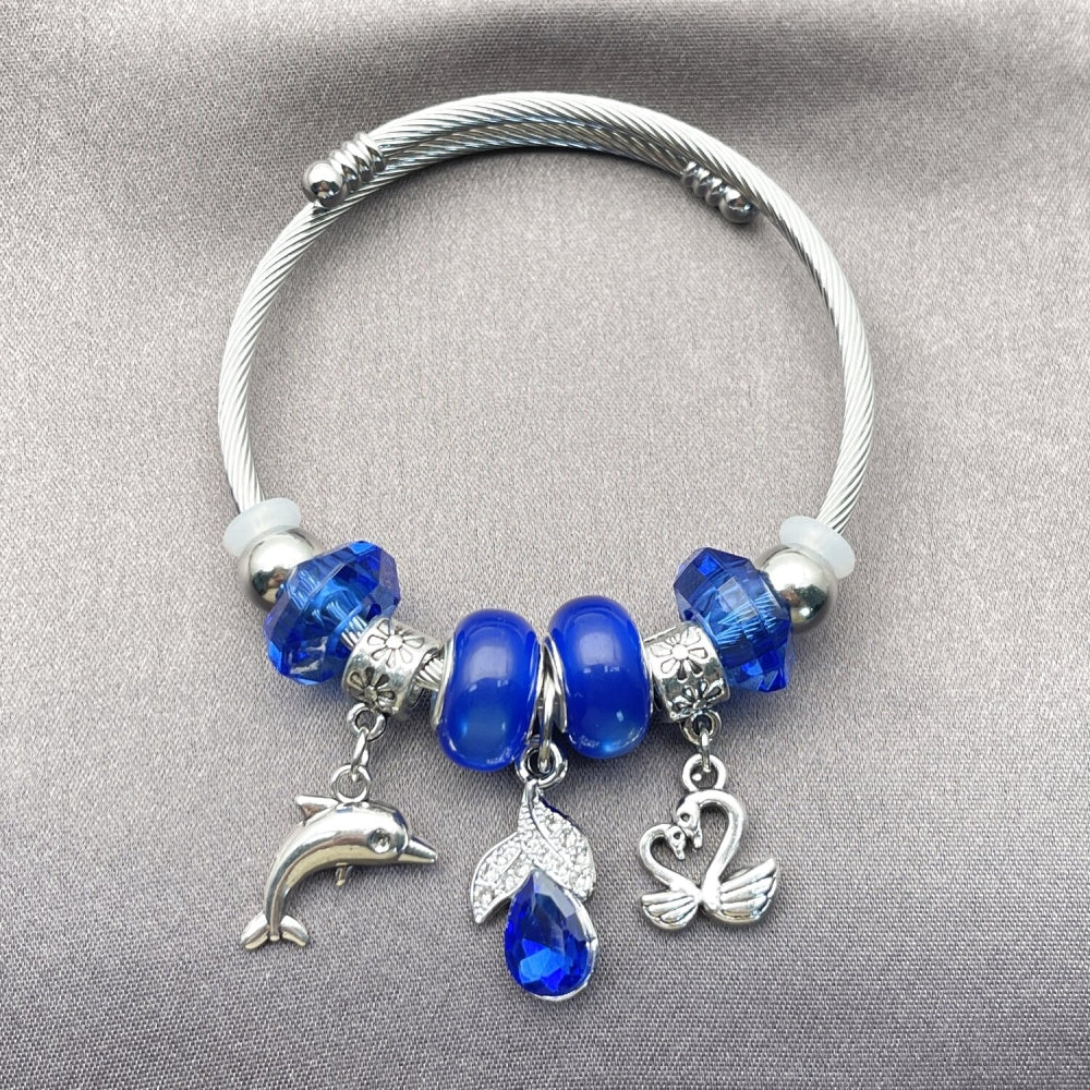 Stainless Steel Individual Bangle, Dolphin and Swan Design, with Capri Blue and Crystal Crystal, Polished, Rhodium Finish