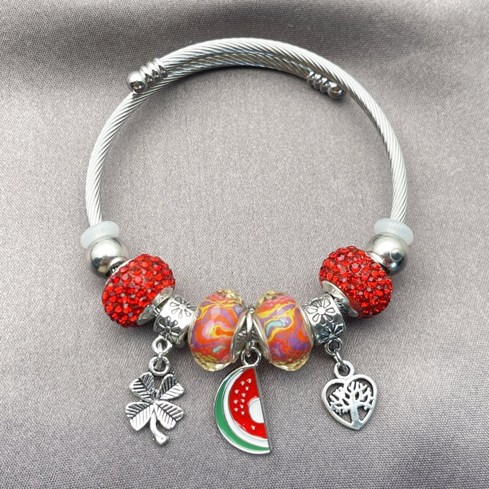 Stainless Steel Individual Bangle, Watermelon and Four-leaf Clover Design, with Light Siam Crystal, Red Enamel Finish, Rhodium Finish