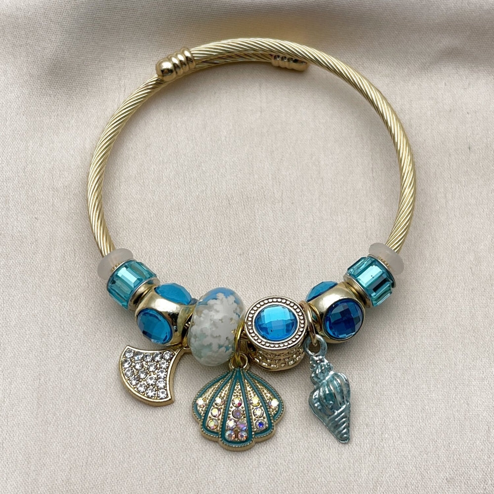 Stainless Steel Individual Bangle, Shell and Snail Design, with Light Turquoise and Blue Zircon Crystal, Turquoise Enamel Finish, Golden Finish