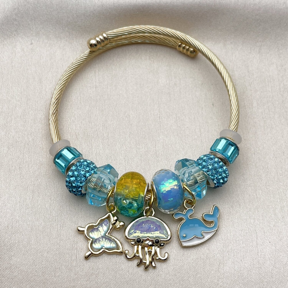 Stainless Steel Individual Bangle, Fish and Butterfly Design, with Light Turquoise Crystal, Turquoise Enamel Finish, Golden Finish