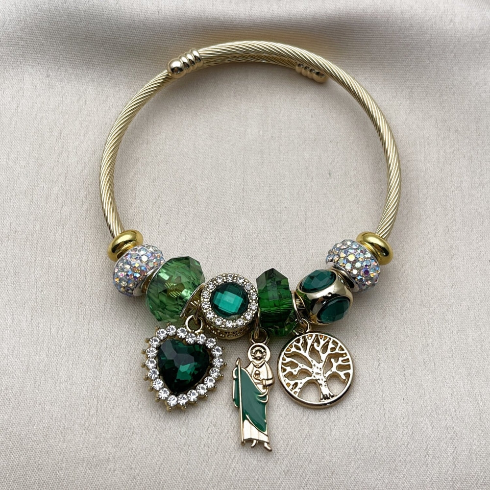 Stainless Steel Individual Bangle, San Judas and Heart Design, with Emerald and Aurore Boreale Crystal, Green Enamel Finish, Golden Finish