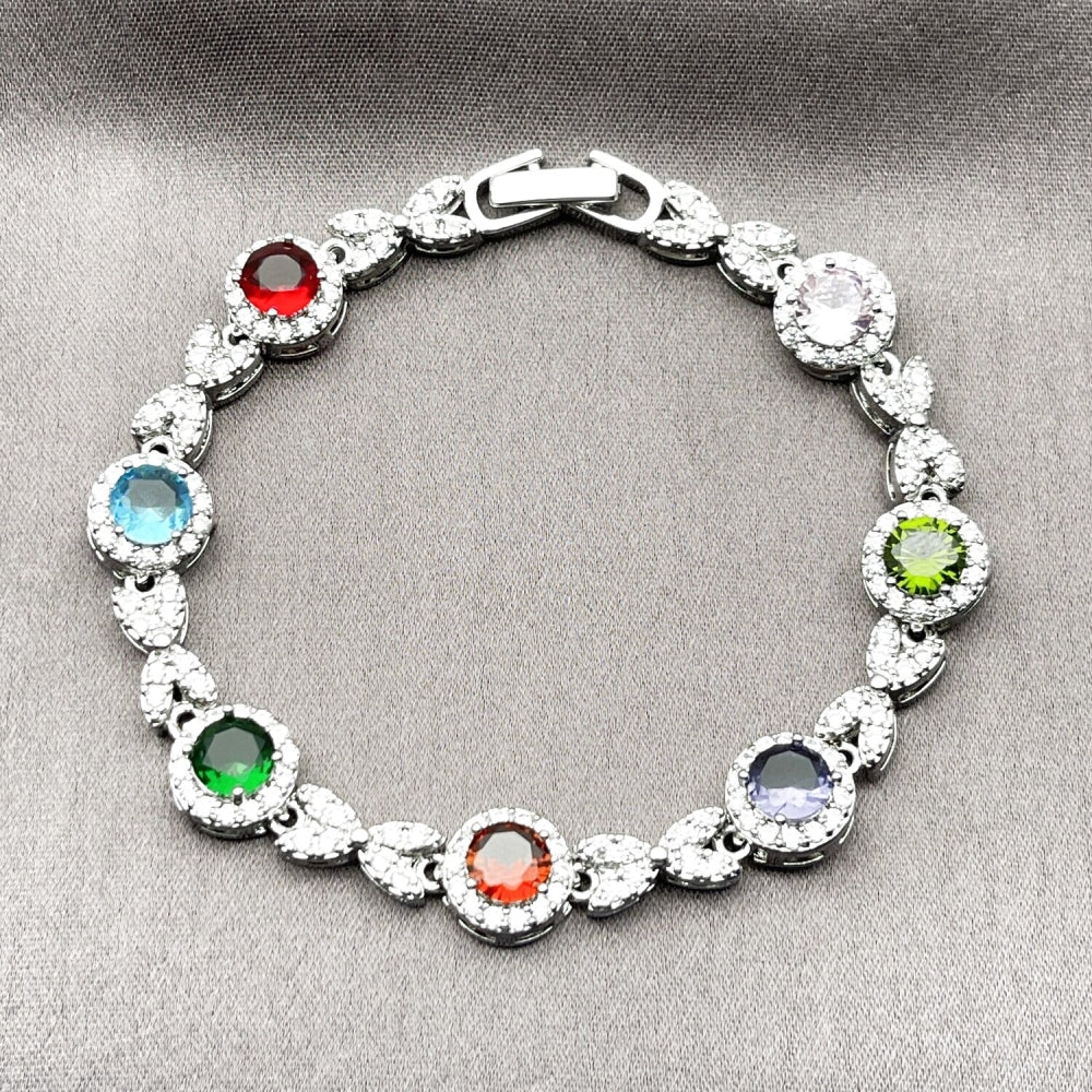 White Gold Filled Tennis Bracelet, Hugs and Kisses and Cluster Design, with Multicolor and White Cubic Zirconia, Polished, Rhodium Finish
