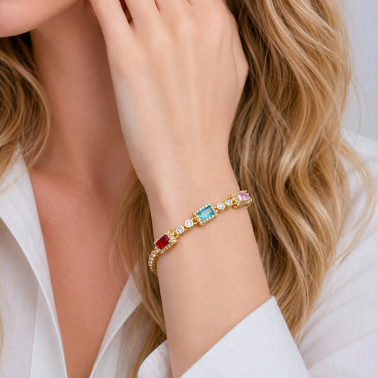 Oro Laminado Fancy Bracelet, Gold Filled Style Cluster and Baguette Design, with Multicolor and White Cubic Zirconia, Polished, Golden Finish