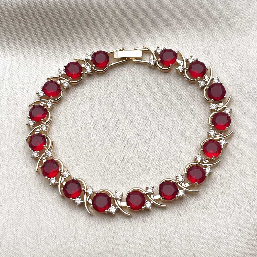 Oro Laminado Tennis Bracelet, Gold Filled Style with Garnet and White Cubic Zirconia, Polished, Golden Finish