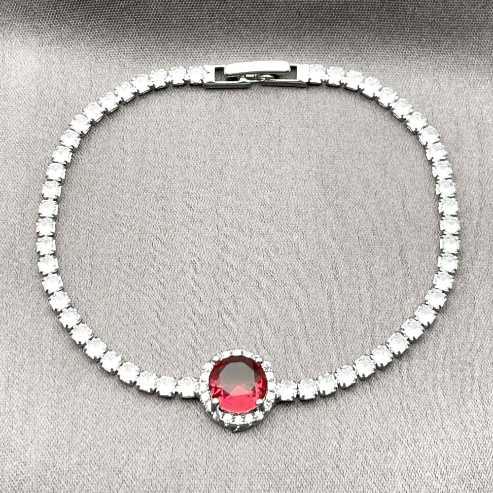 Rhodium Gold Filled Fancy Bracelet, Cluster Design, with Ruby and White Cubic Zirconia, Polished, Rhodium Finish