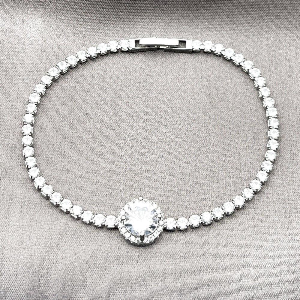 White Gold Filled Fancy Bracelet, Cluster Design, with White Cubic Zirconia, Polished, Rhodium Finish