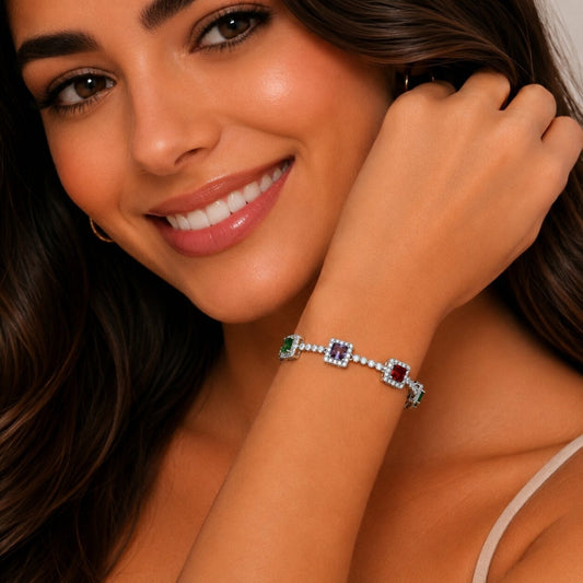 Rhodium Gold Filled Tennis Bracelet, Cluster Design, with Multicolor and White Cubic Zirconia, Polished, Rhodium Finish