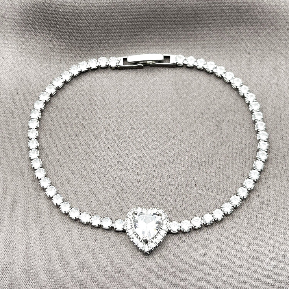 Rhodium Gold Filled Fancy Bracelet, Heart and Cluster Design, with White Cubic Zirconia, Polished, Rhodium Finish