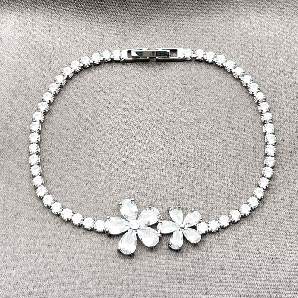 White Gold Filled Fancy Bracelet, Flower Design, with White Cubic Zirconia, Polished, Rhodium Finish