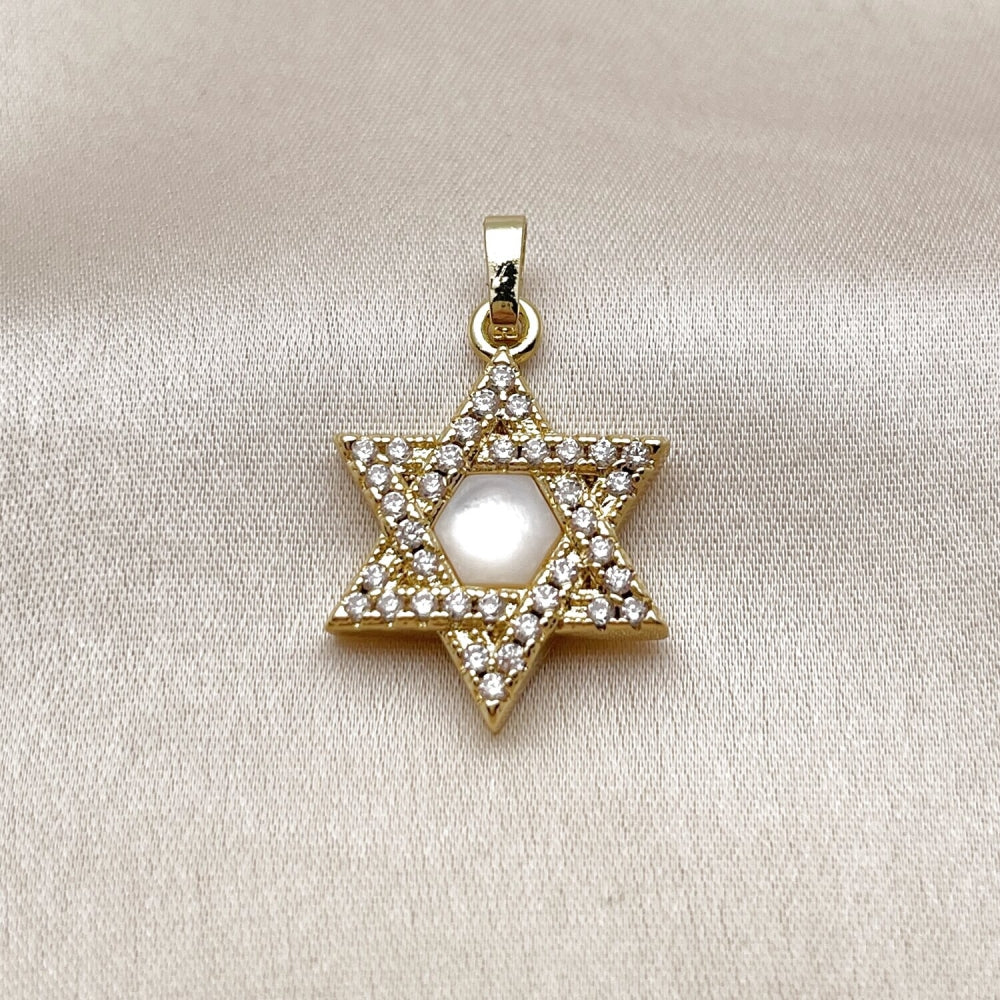 Oro Laminado Religious Pendant, Gold Filled Style Star of David and Judaica Design, with White Cubic Zirconia and Ivory Mother of Pearl, Polished, Golden Finish