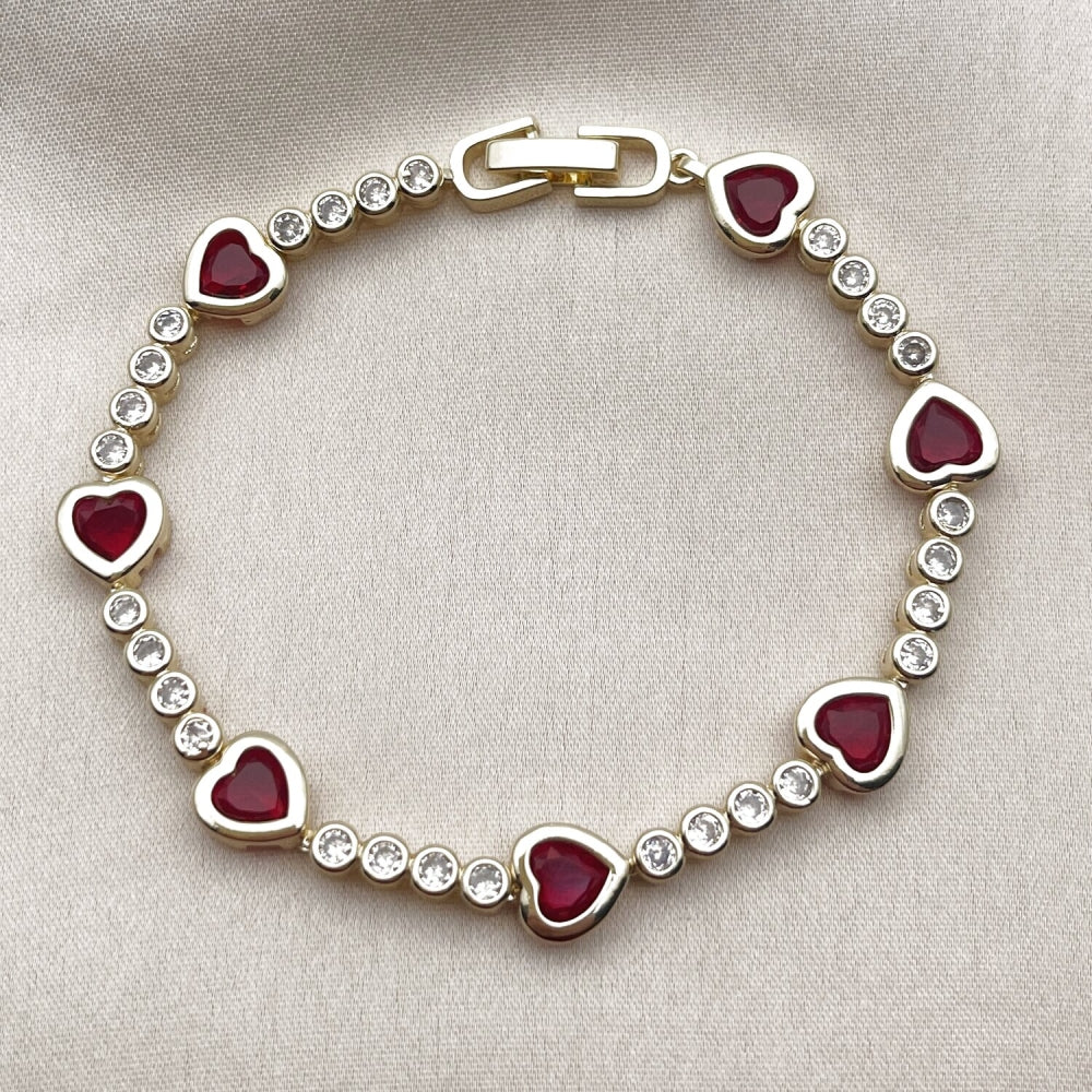 Oro Laminado Tennis Bracelet, Gold Filled Style Heart Design, with Garnet and White Cubic Zirconia, Polished, Golden Finish