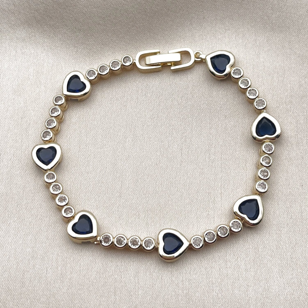 Oro Laminado Tennis Bracelet, Gold Filled Style Heart Design, with Sapphire Blue and White Cubic Zirconia, Polished, Golden Finish