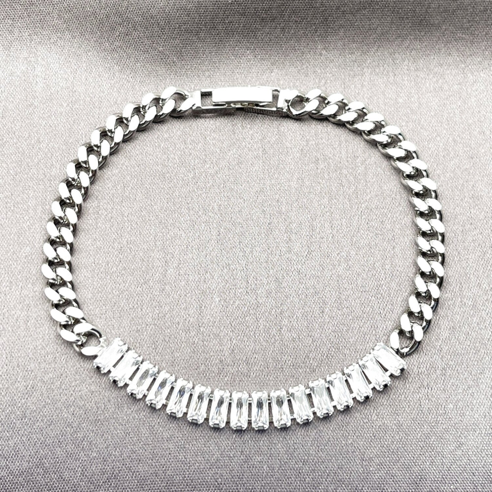 Rhodium Gold Filled Fancy Bracelet, Baguette and Miami Cuban Design, with White Cubic Zirconia, Polished, Rhodium Finish