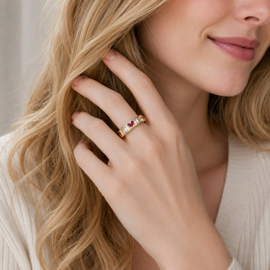 Oro Laminado Multi Stone Ring, Gold Filled Style Heart and Baguette Design, with Ruby and White Cubic Zirconia, Polished, Golden Finish